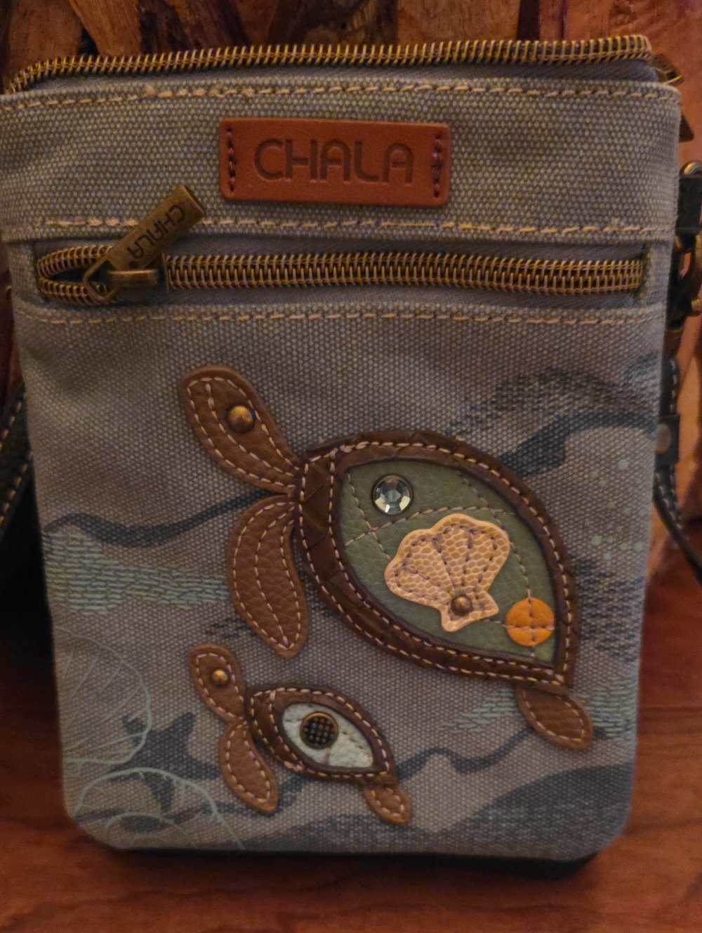 Chala Blue Canvas Mini Crossbody with Turtle Appliques